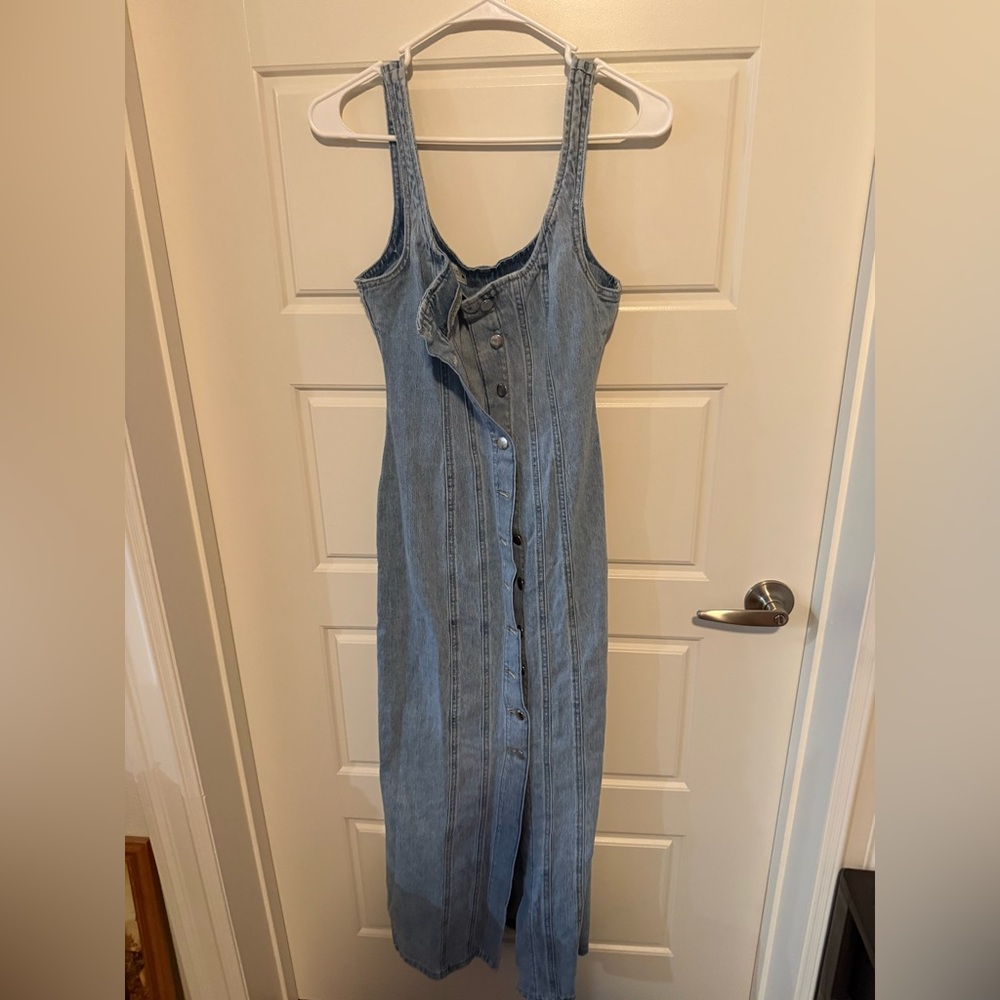 Zara Light Blue Denim Button-Front Maxi Dress